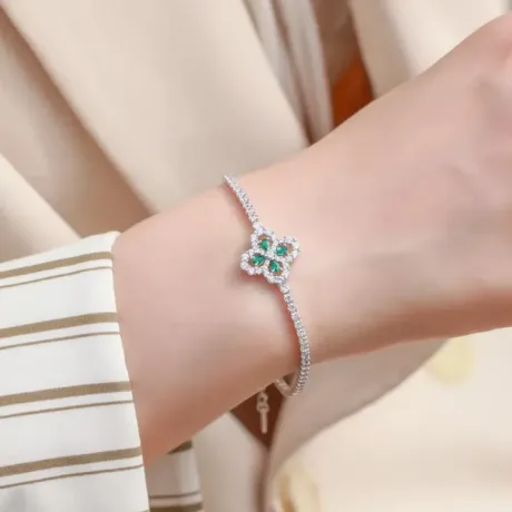 Lab Emerald Four Leaf Clover Bracelet Silver