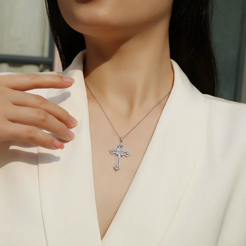 Womens Lab Grown Diamond Cross Necklace in 925 Silver 2
